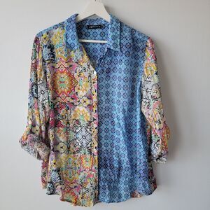 APNY women's Roll-Up Sleeve Chiffon Button-Up Shirt size XL mixed print